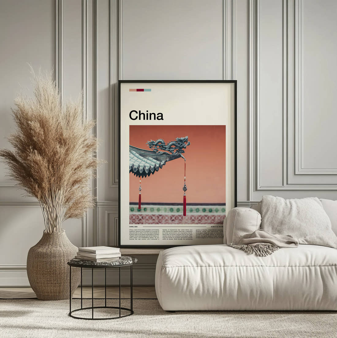 China Dragon Roof Detail Travel Print framed on the wall of a calm, neutral bedroom