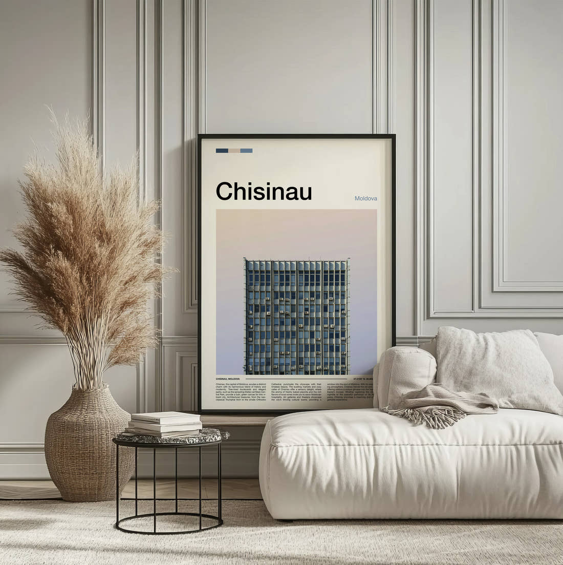 Chisinau Modernist Building Facade Travel Print framed on the wall of a calm, neutral bedroom
