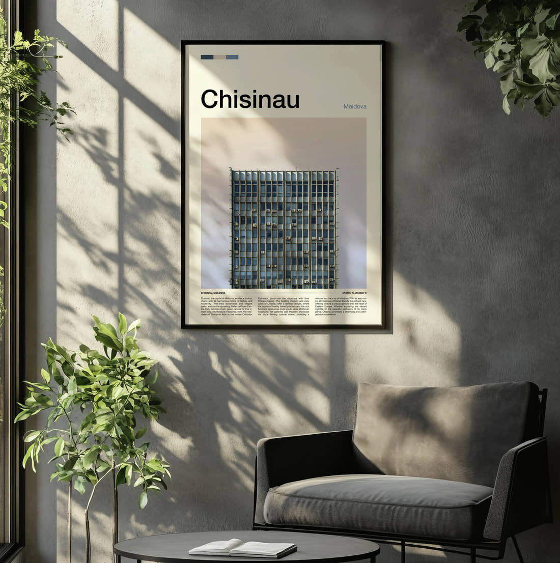 Chisinau Modernist Building Facade Travel Print framed on the wall of a relaxed living room