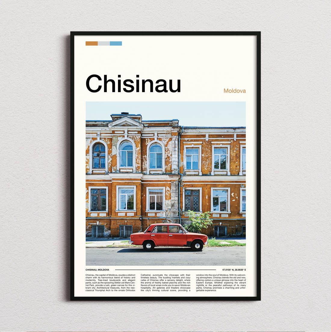 Chisinau Red Vintage Car Travel Print framed and photographed straight on