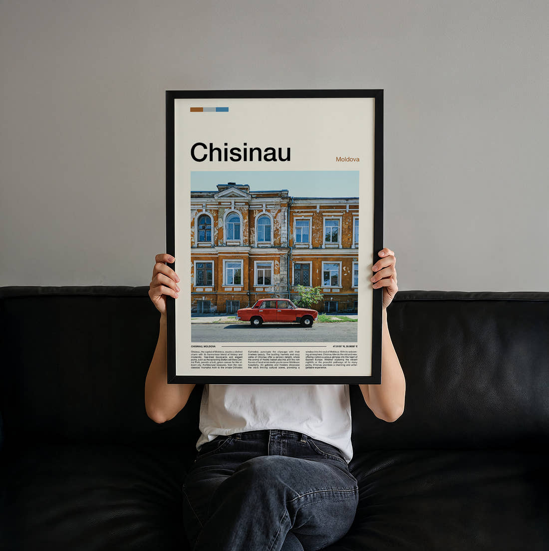 Chisinau Red Vintage Car Travel Print held up by hand to show the size of the print