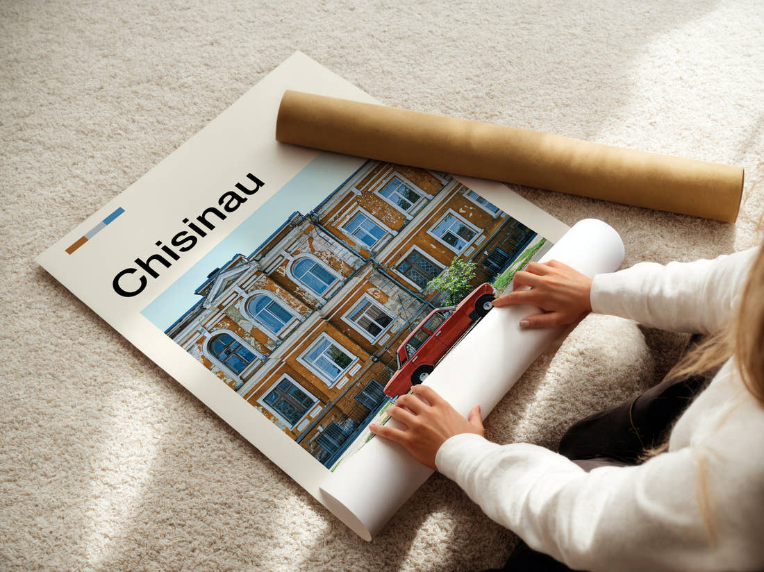 Chisinau Red Vintage Car Travel Print being unrolled from its postal tube