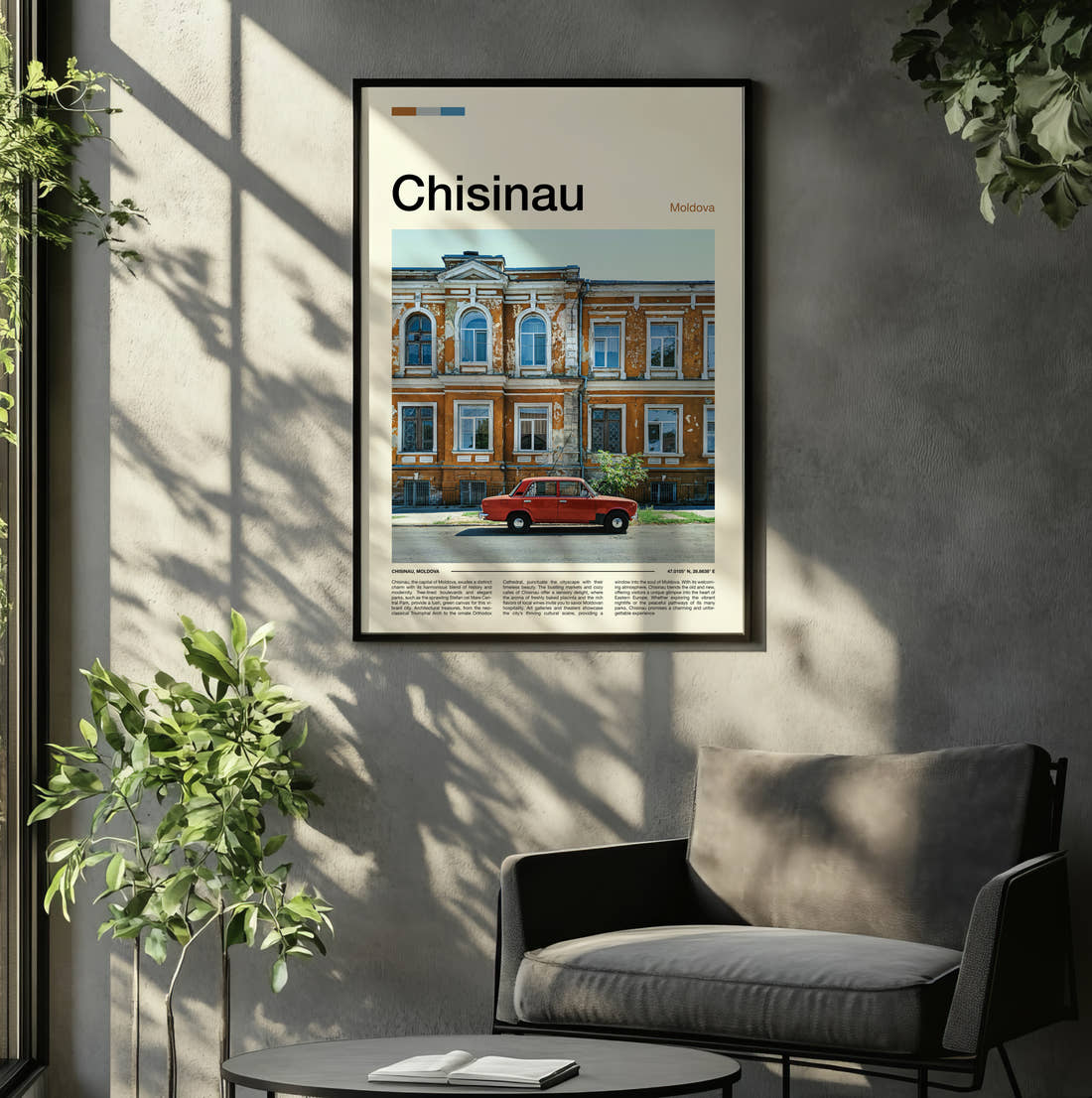Chisinau Red Vintage Car Travel Print framed on the wall of a relaxed living room