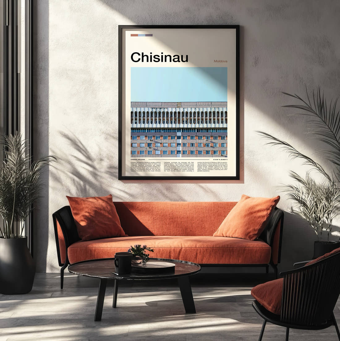Chisinau Concrete Building Facade Travel Print framed on the wall of a modern living room