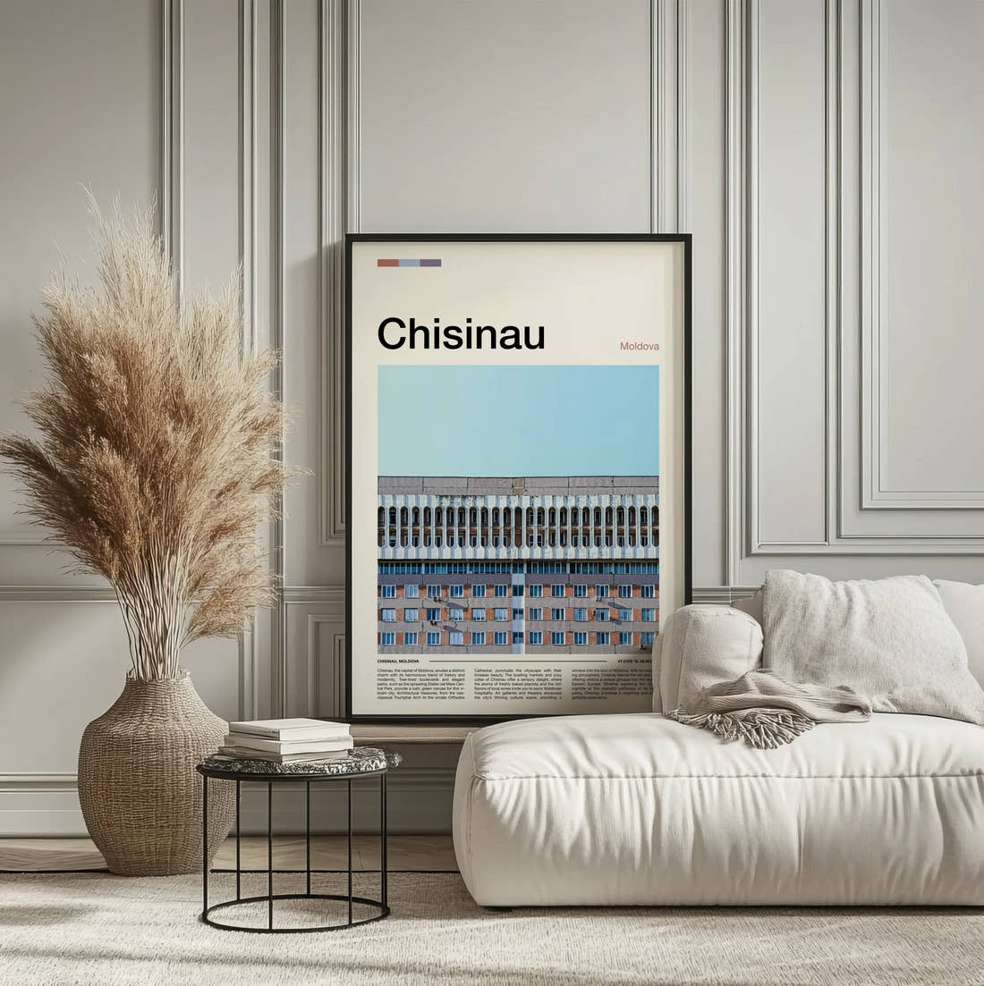 Chisinau Concrete Building Facade Travel Print framed on the wall of a calm, neutral bedroom