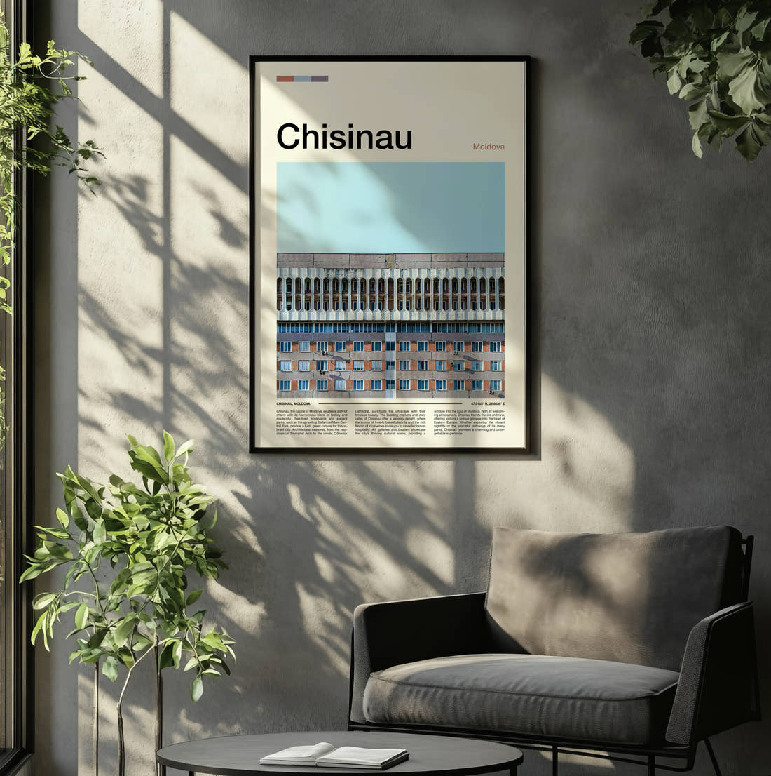 Chisinau Concrete Building Facade Travel Print framed on the wall of a relaxed living room