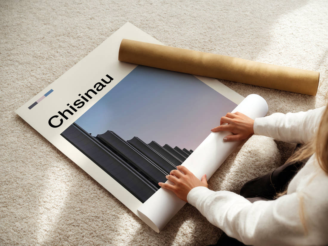 Chisinau Brutalist Building Travel Print being unrolled from its postal tube