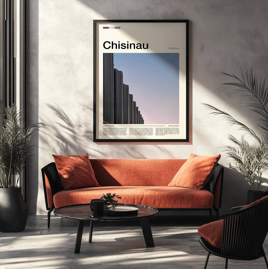 Chisinau Brutalist Building Travel Print framed on the wall of a modern living room