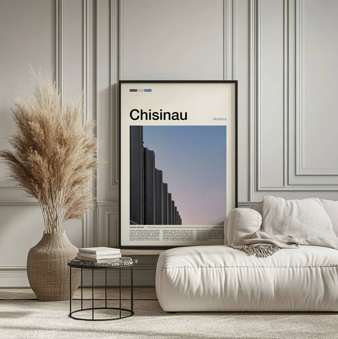 Chisinau Brutalist Building Travel Print framed on the wall of a calm, neutral bedroom
