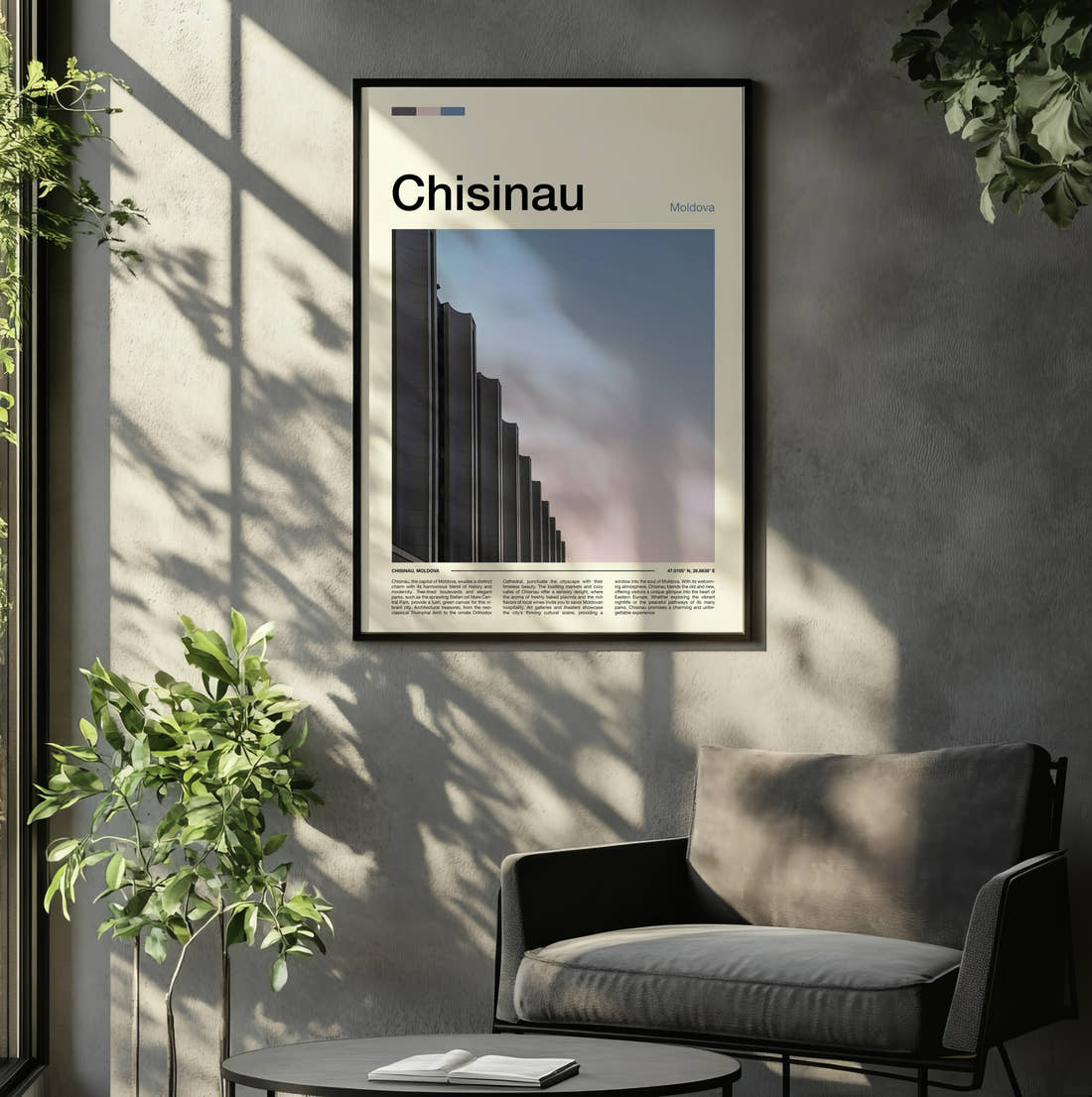 Chisinau Brutalist Building Travel Print framed on the wall of a relaxed living room