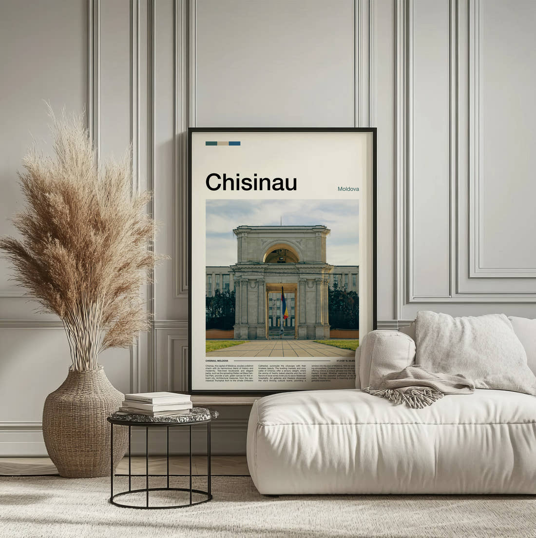 Chisinau Triumphal Arch Travel Print framed on the wall of a calm, neutral bedroom