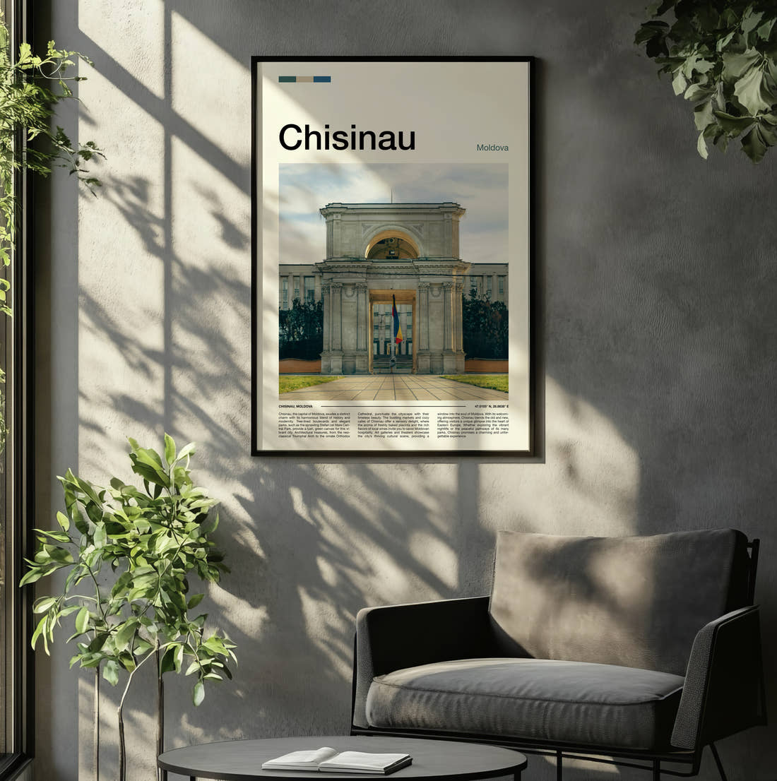 Chisinau Triumphal Arch Travel Print framed on the wall of a relaxed living room