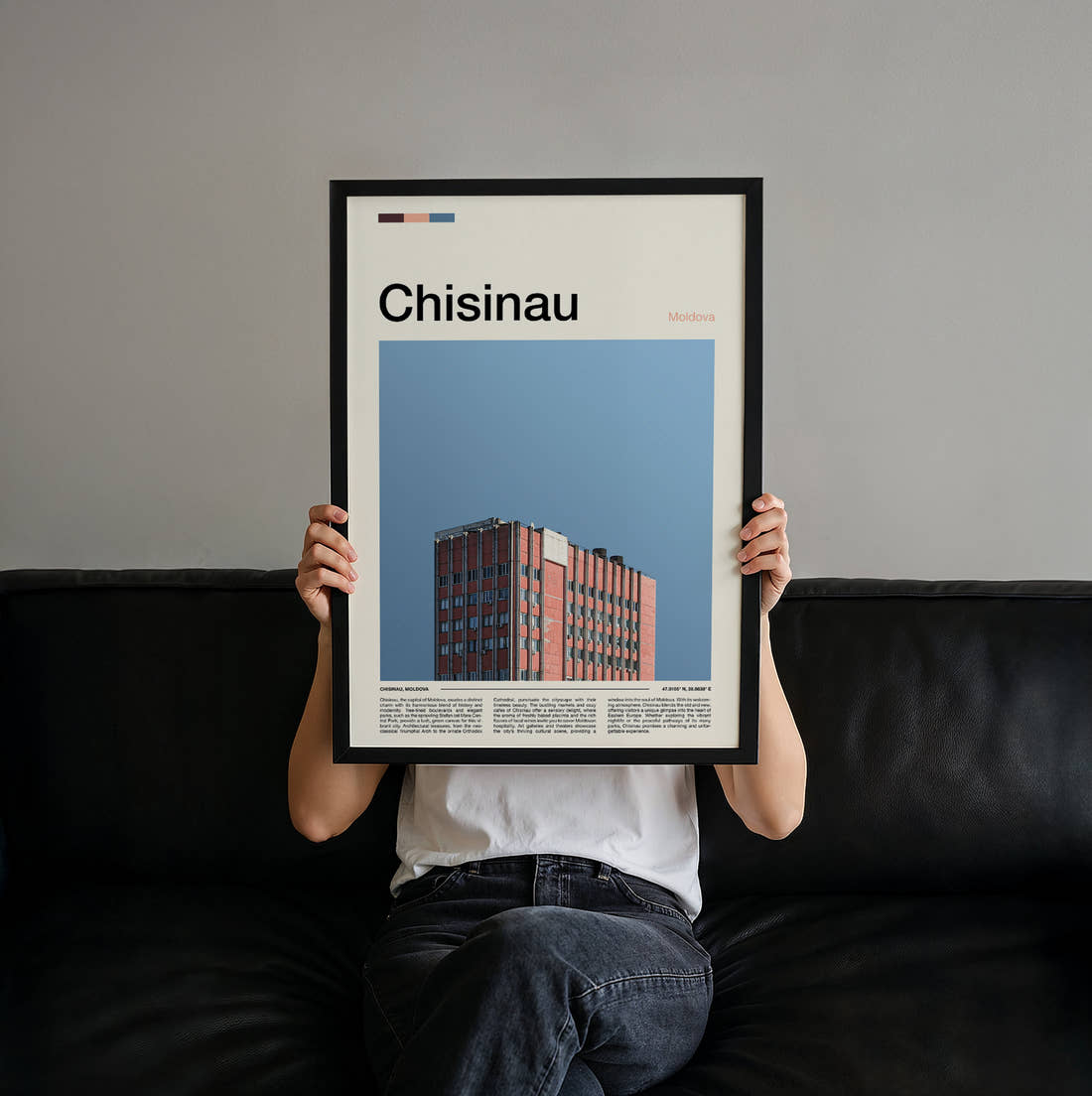 Chisinau Red Brick Apartment Block Travel Print held up by hand to show the size of the print