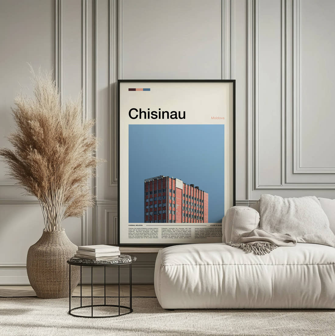 Chisinau Red Brick Apartment Block Travel Print framed on the wall of a calm, neutral bedroom