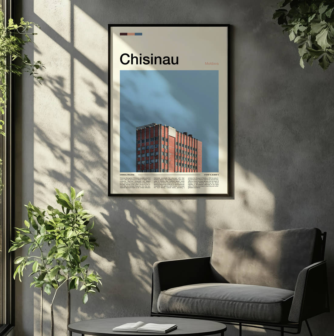 Chisinau Red Brick Apartment Block Travel Print framed on the wall of a relaxed living room