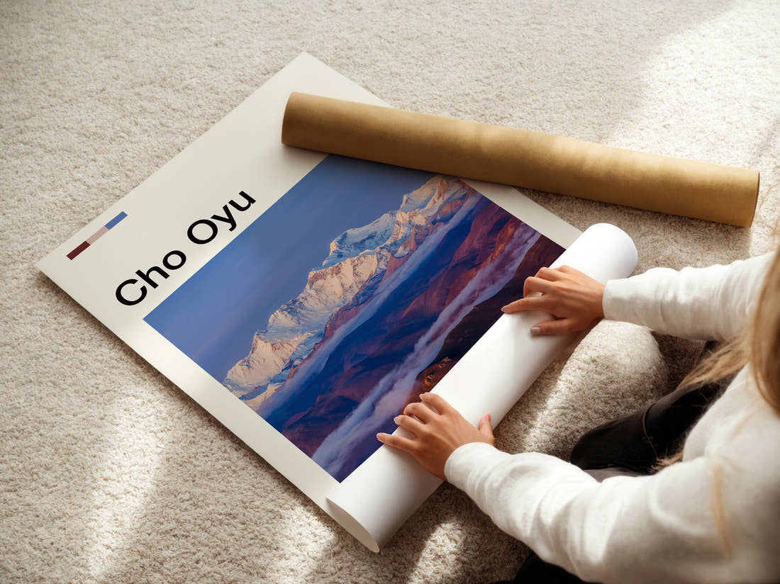 Cho Oyu Travel Print being unrolled from its postal tube