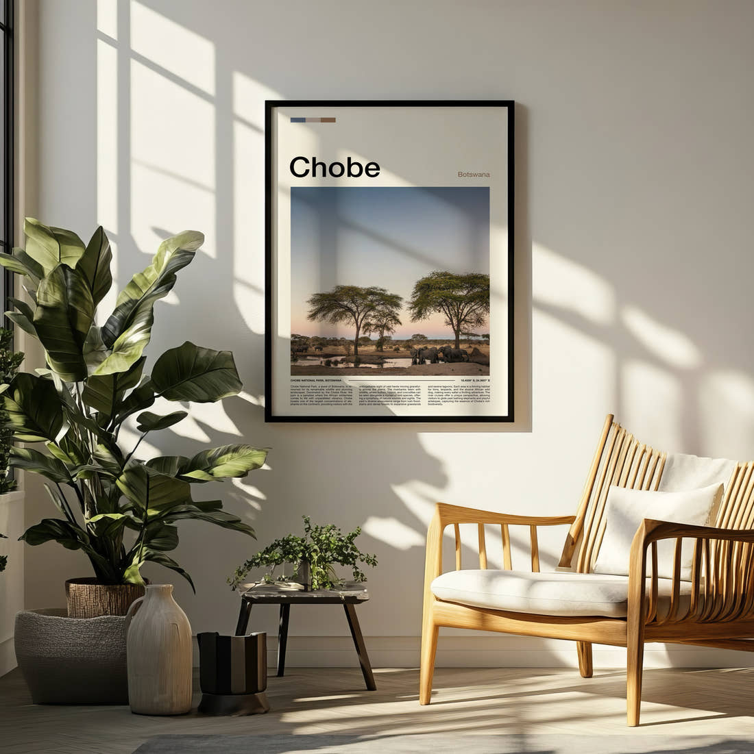 Chobe Acacia Trees On The Plain Travel Print framed on a pale wall beside houseplants
