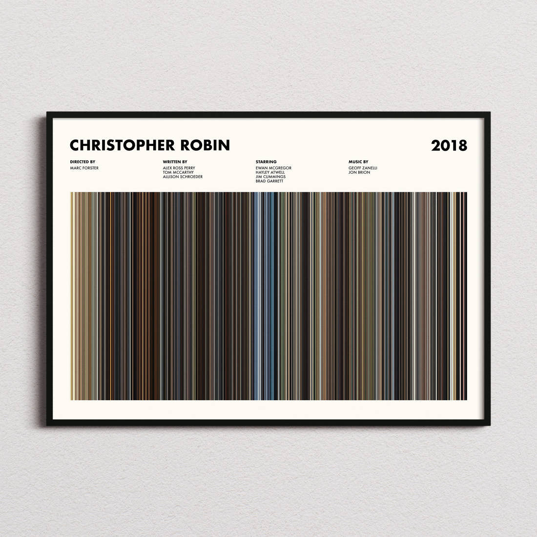 Christopher Robin Movie Barcode Poster framed and photographed straight on