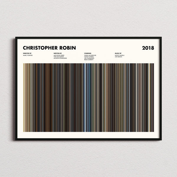 Christopher Robin Movie Barcode Poster framed and photographed straight on