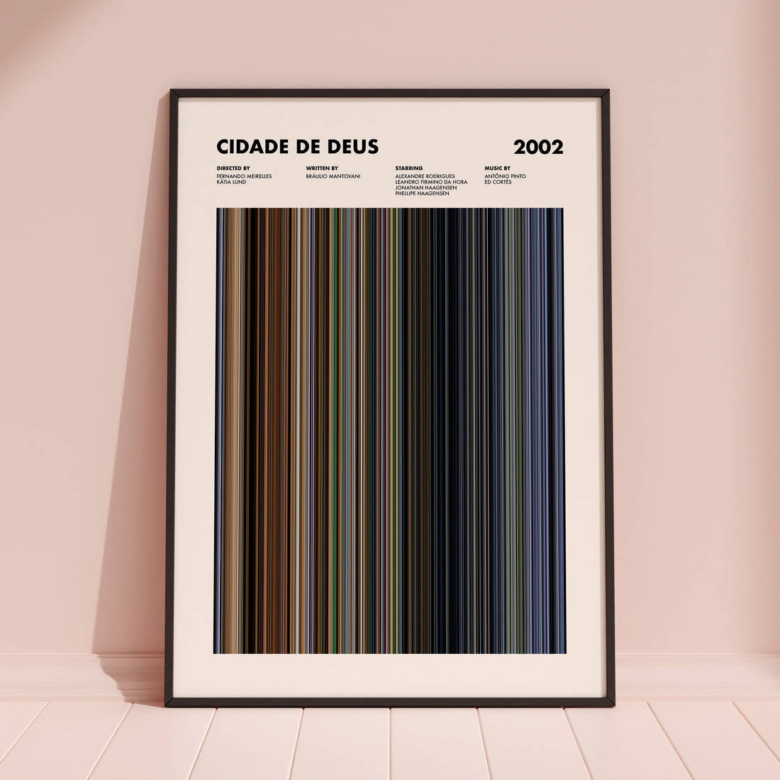 Cidade De Deus Movie Barcode Poster framed and leaning against a coloured wall