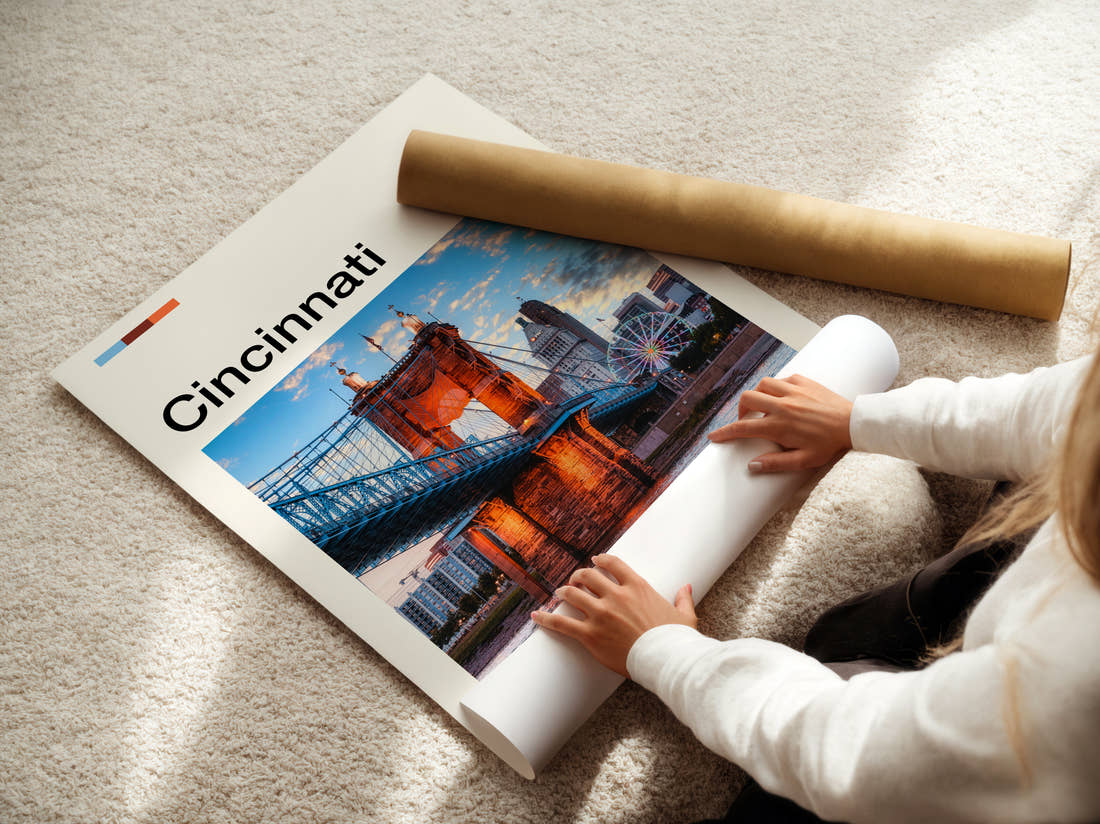 Cincinnati Roebling Suspension Bridge At Night Travel Print being unrolled from its postal tube