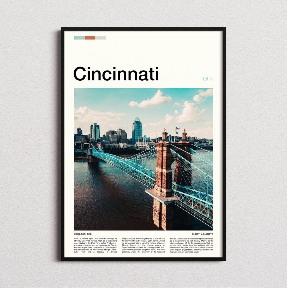 Cincinnati Roebling Suspension Bridge And Skyline Travel Print framed and photographed straight on