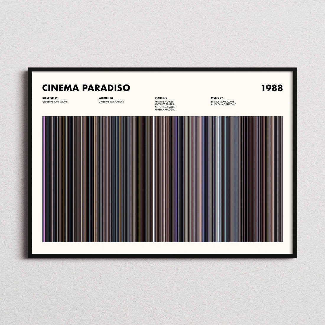 Cinema Paradiso Movie Barcode Poster framed and photographed straight on