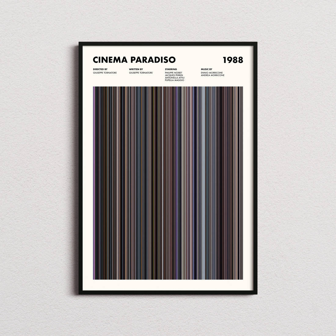 Cinema Paradiso Movie Barcode Poster framed on a plain studio wall