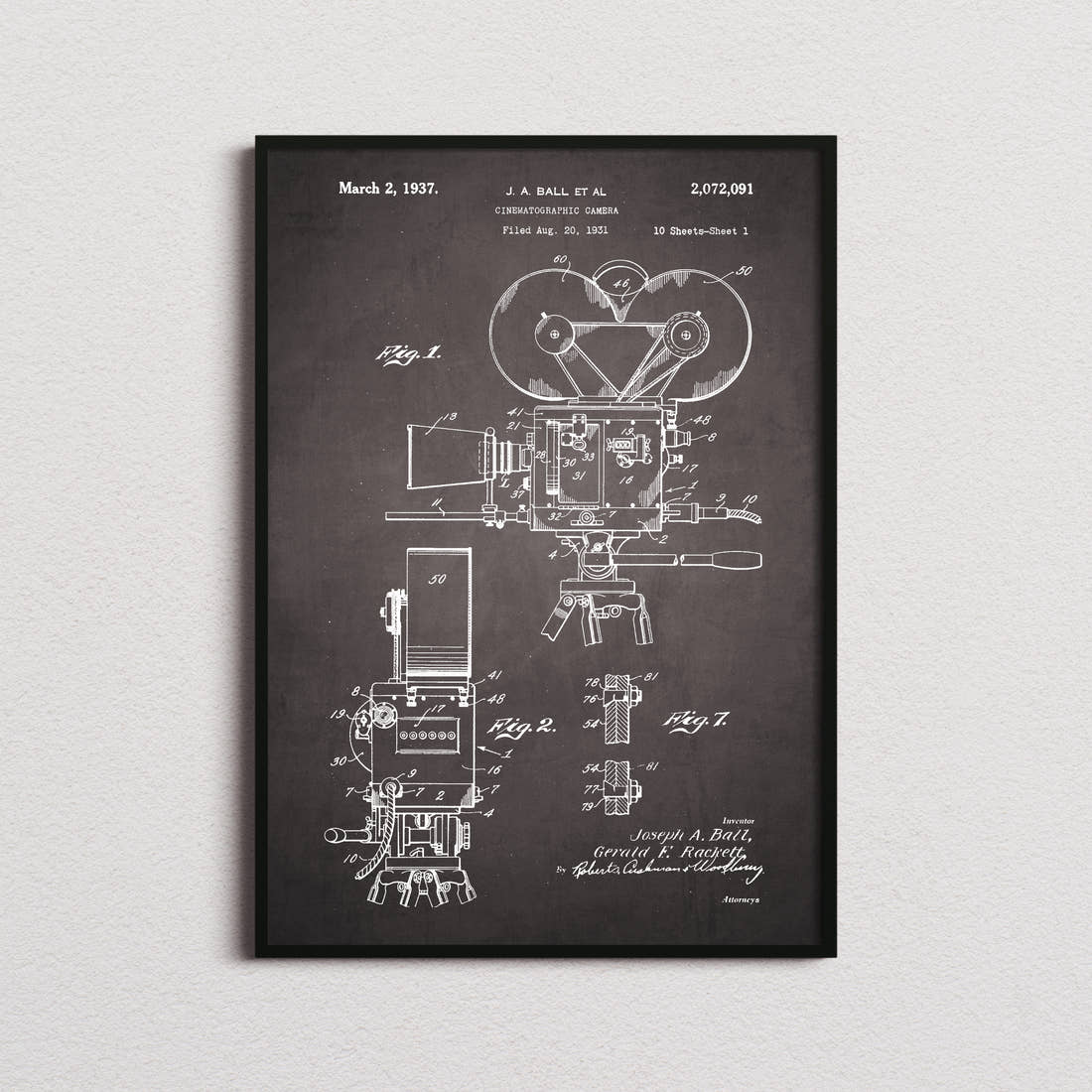 Cinematographic Camera Patent Print in the blackboard colourway, framed