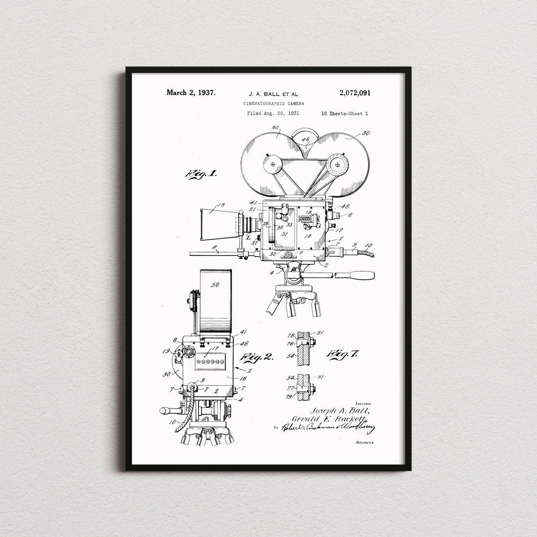 Cinematographic Camera Patent Print in the white colourway, framed