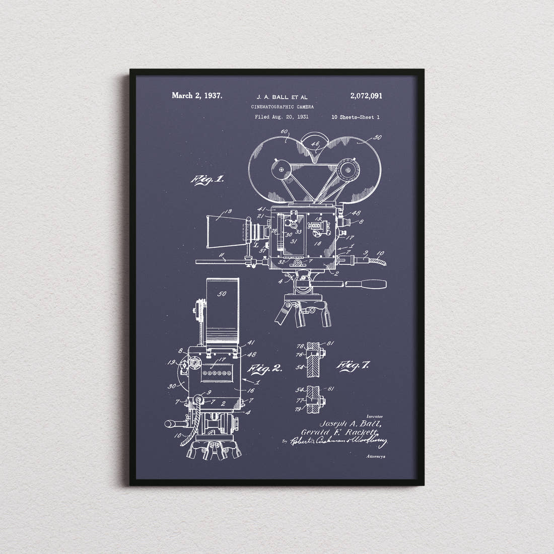 Cinematographic Camera Patent Print in the navy colourway, framed