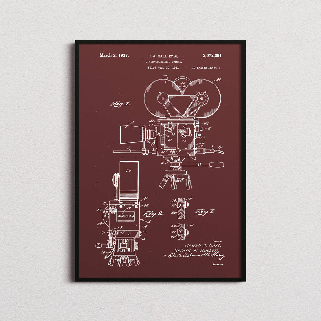 Cinematographic Camera Patent Print in the burgundy colourway, framed