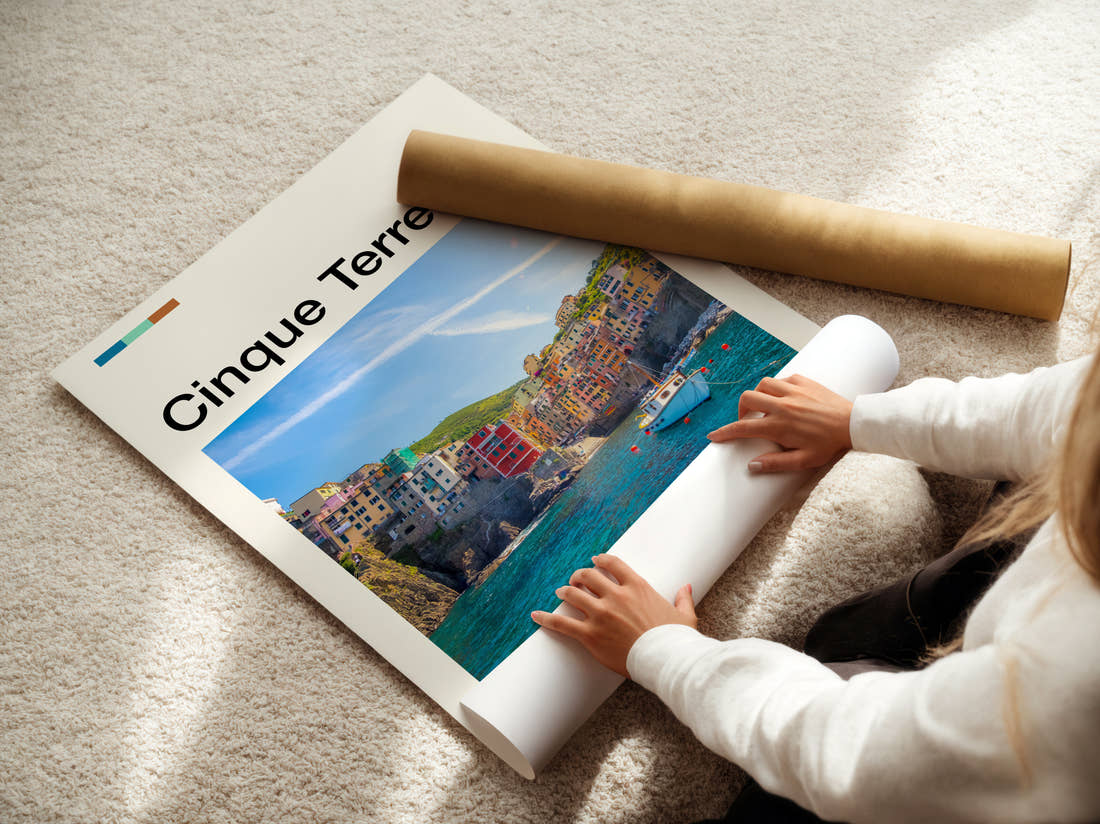 Cinque Terre Colourful Cliffside Village Travel Print being unrolled from its postal tube