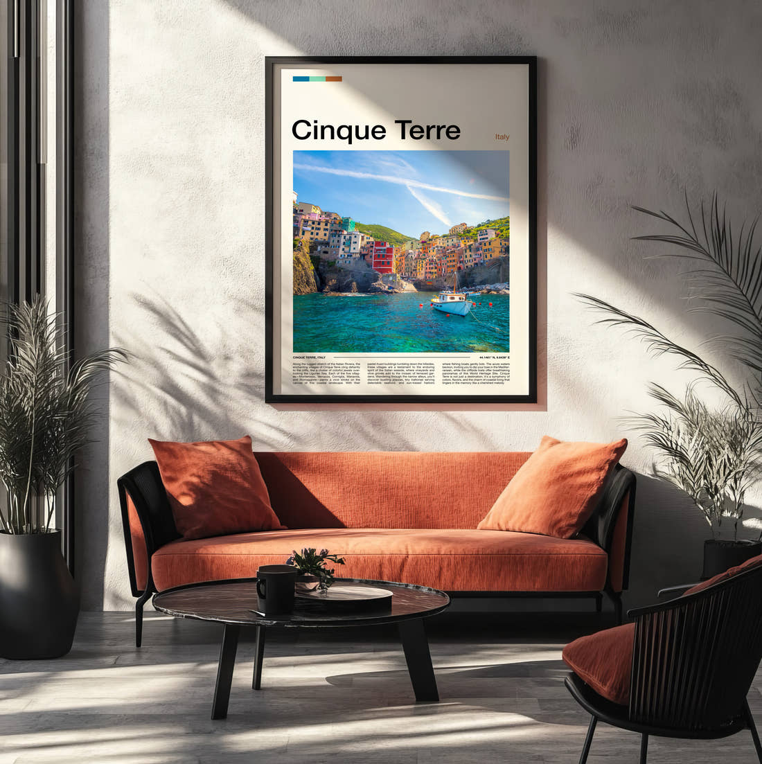 Cinque Terre Colourful Cliffside Village Travel Print framed on the wall of a modern living room