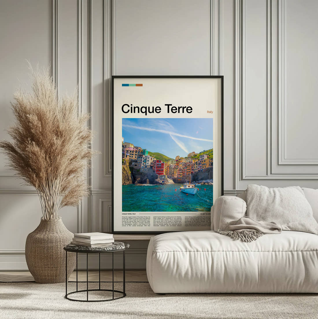 Cinque Terre Colourful Cliffside Village Travel Print framed on the wall of a calm, neutral bedroom