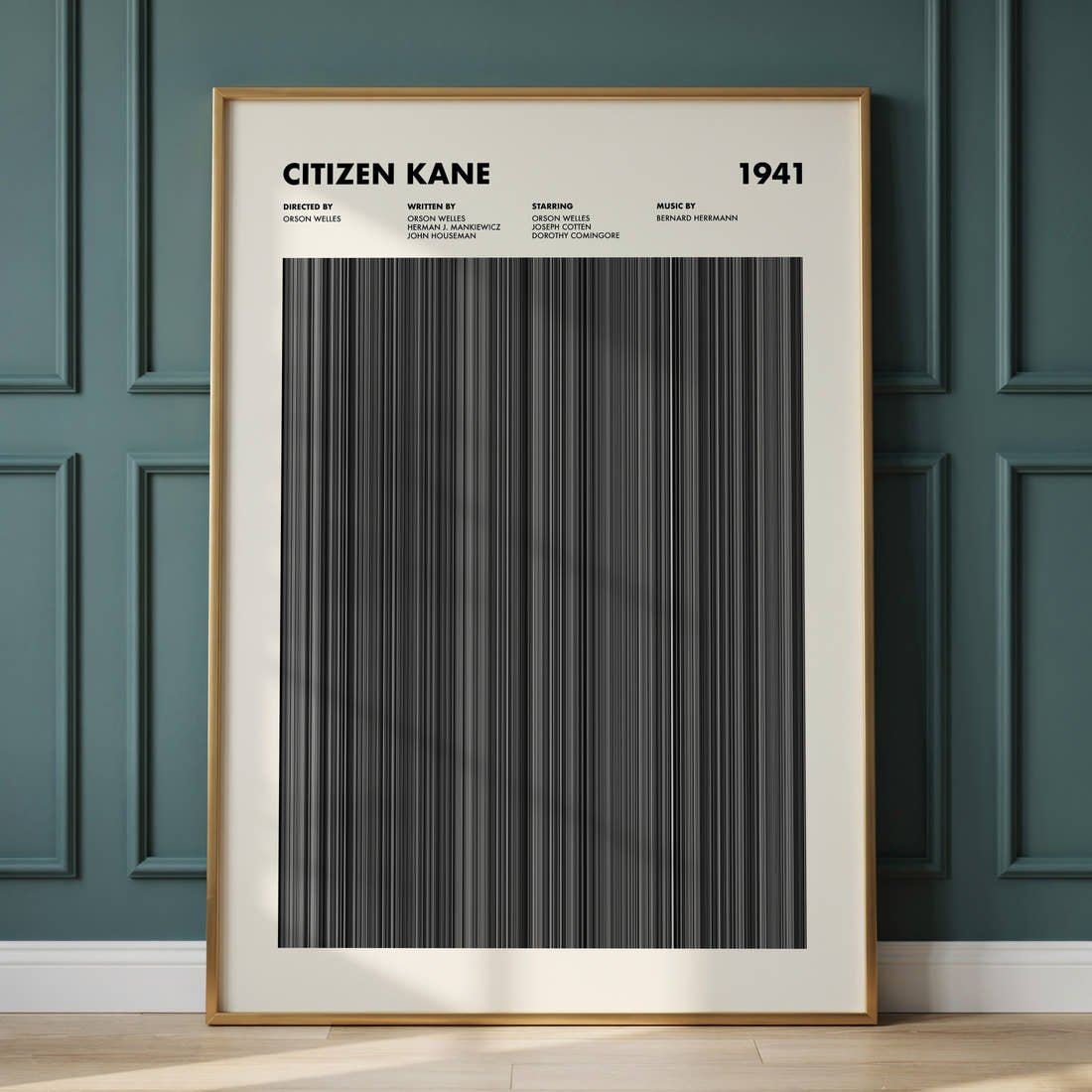 Citizen Kane Movie Barcode Poster framed and leaning against a panelled wall