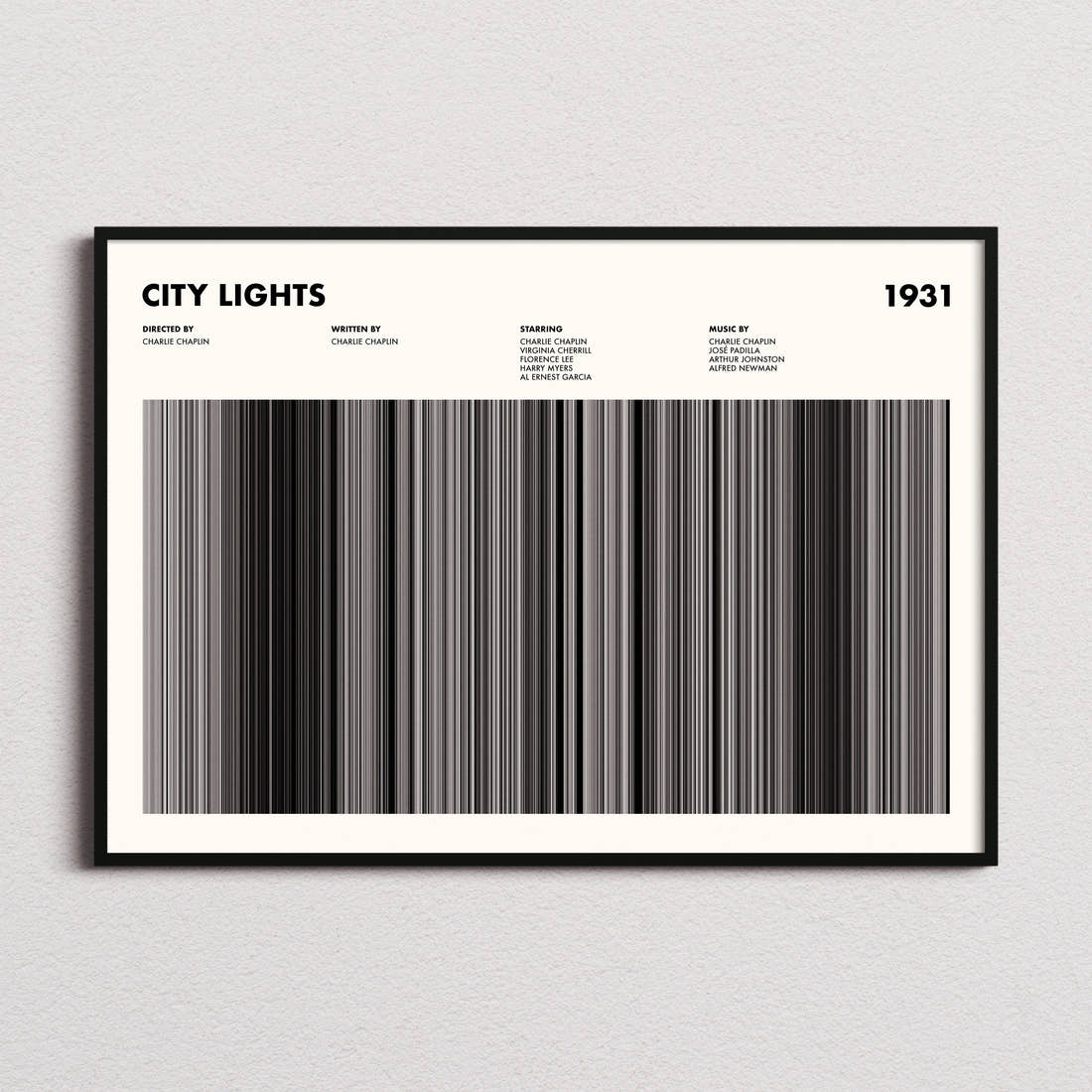 City Lights Movie Barcode Poster framed and photographed straight on