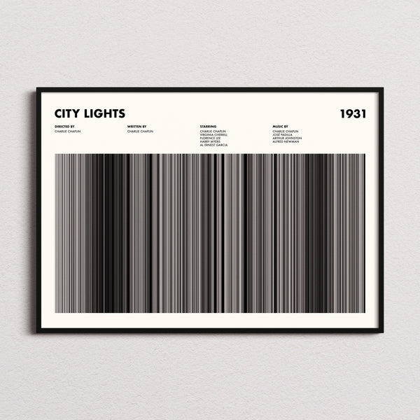 City Lights Movie Barcode Poster framed and photographed straight on