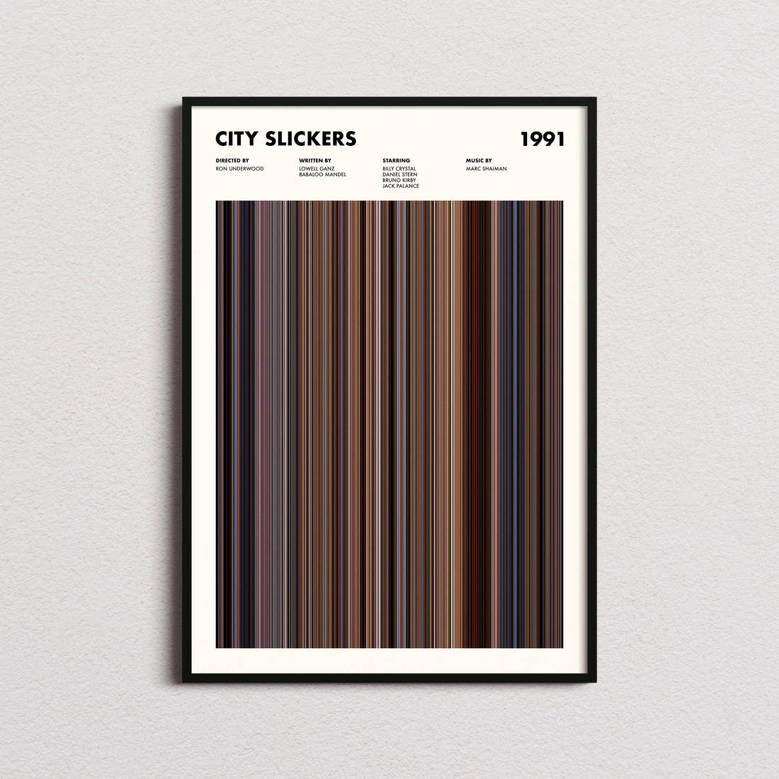 City Slickers Movie Barcode Poster framed on a plain studio wall