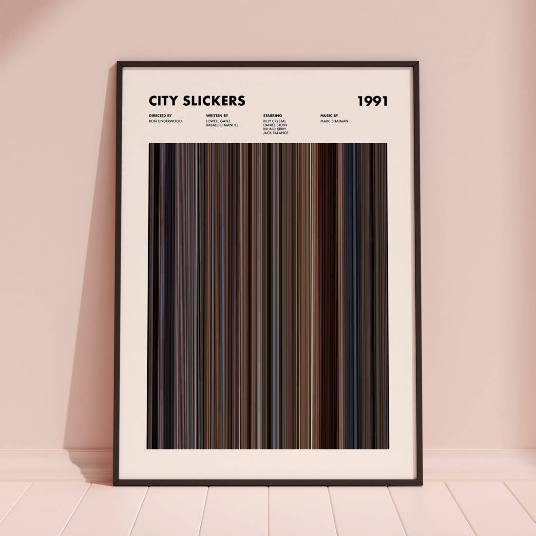City Slickers Movie Barcode Poster framed and leaning against a coloured wall