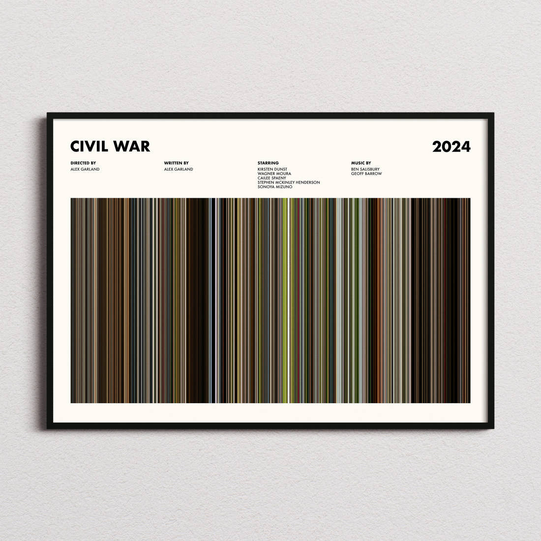 Civil War Movie Barcode Poster framed and photographed straight on