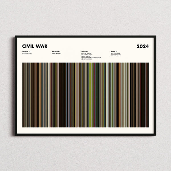 Civil War Movie Barcode Poster framed and photographed straight on