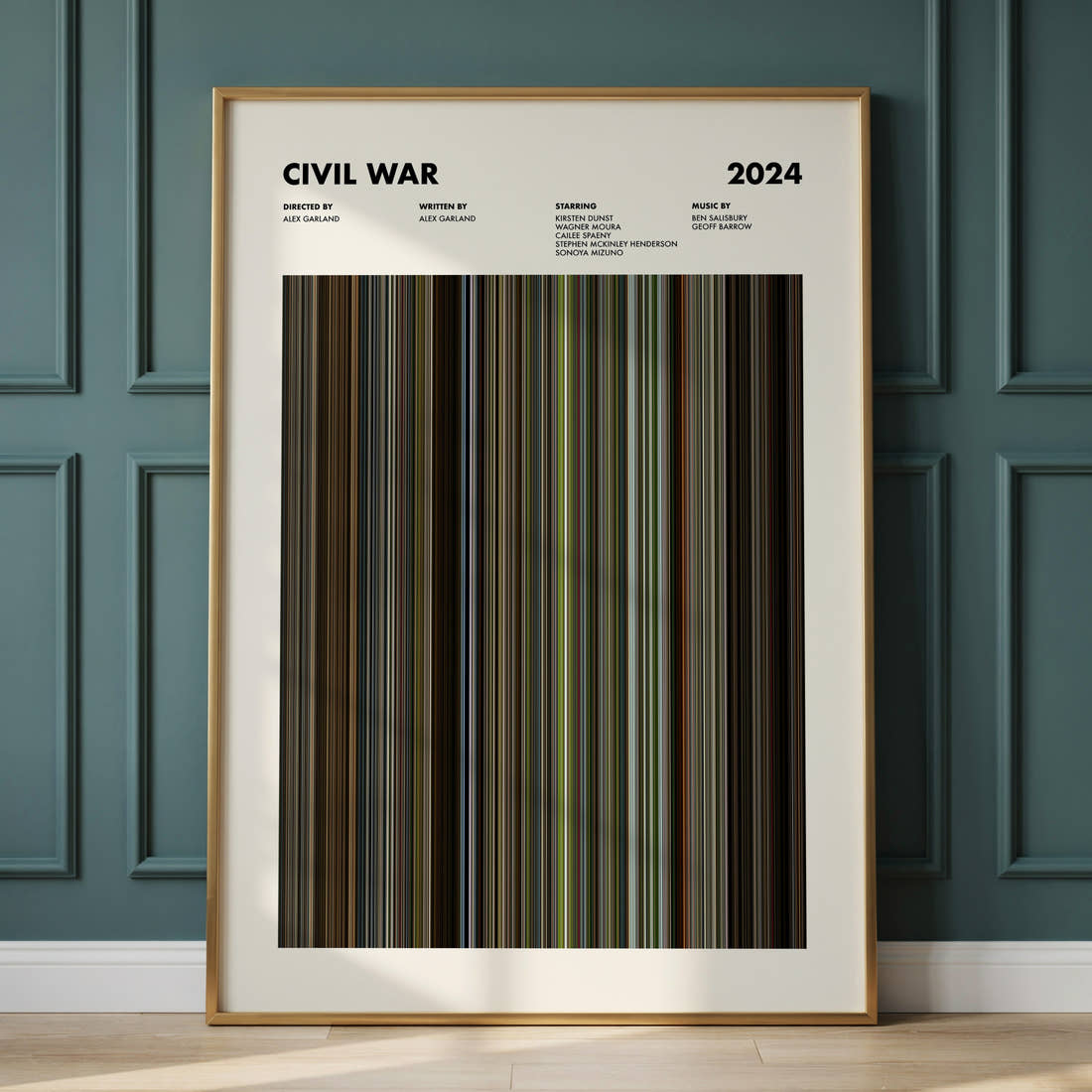 Civil War Movie Barcode Poster framed and leaning against a panelled wall