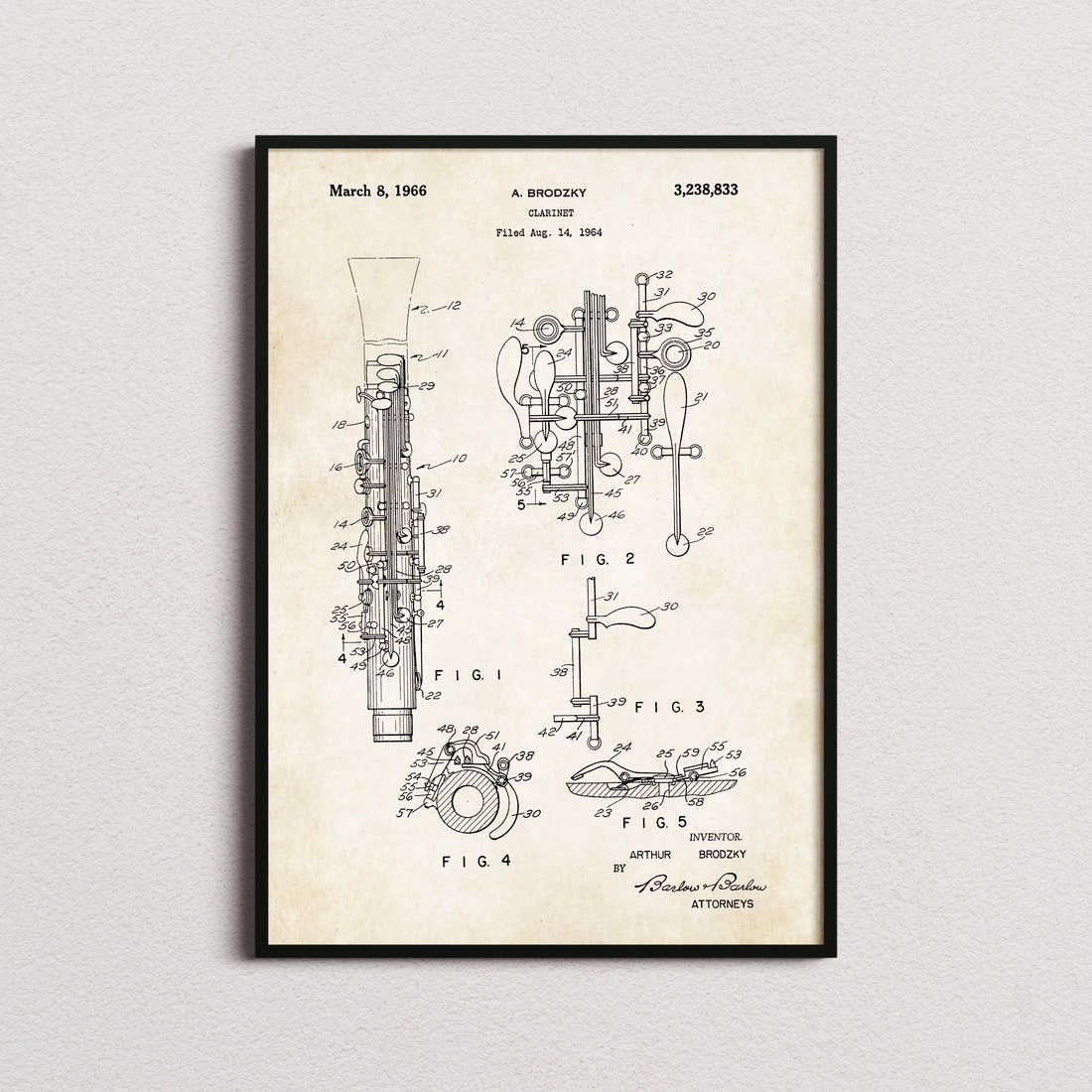 Clarinet Patent Print in the aged paper colourway, framed