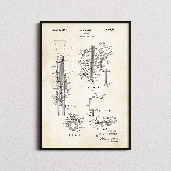 Clarinet Patent Print in the aged paper colourway, framed