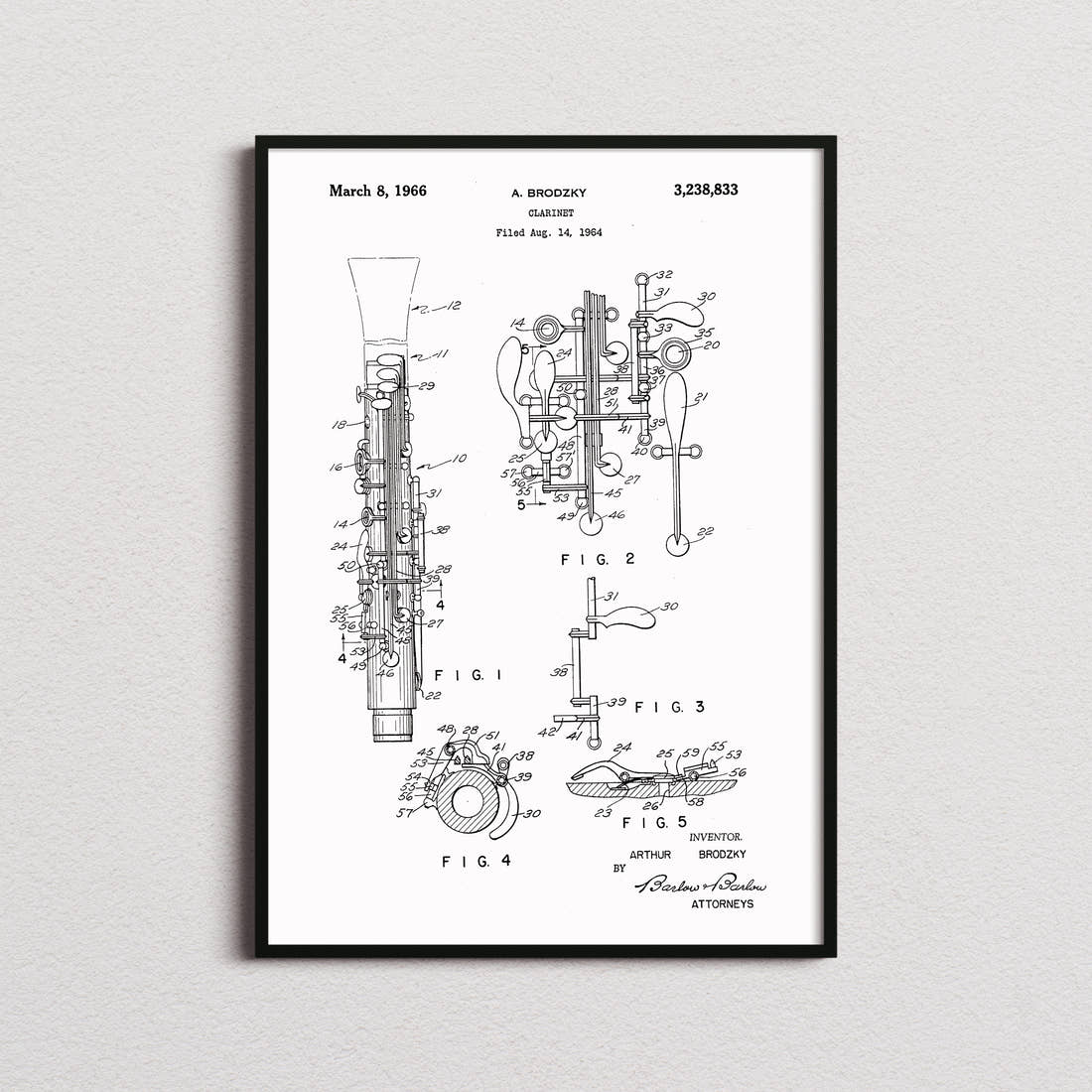 Clarinet Patent Print in the white colourway, framed