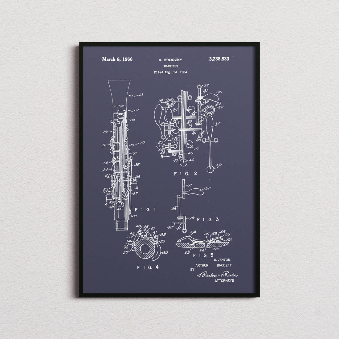 Clarinet Patent Print in the navy colourway, framed