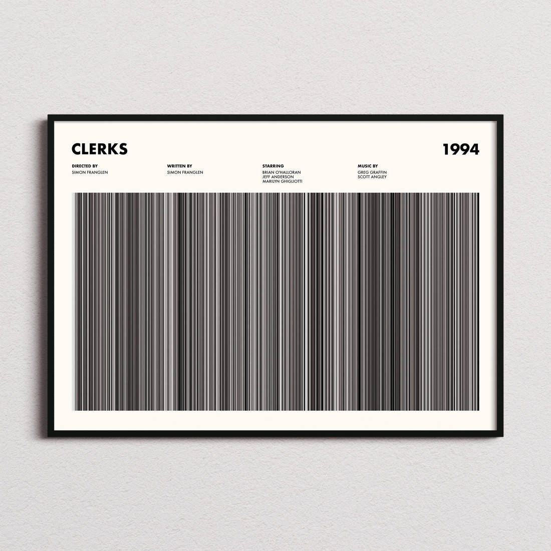 Clerks Movie Barcode Poster framed and photographed straight on