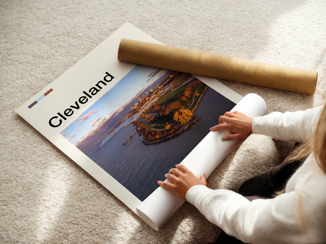 Cleveland Aerial View Of The Shoreline Travel Print being unrolled from its postal tube