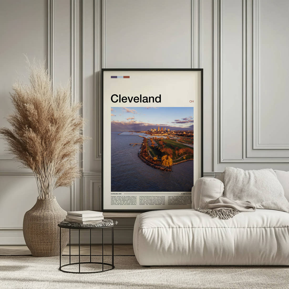 Cleveland Aerial View Of The Shoreline Travel Print framed on the wall of a calm, neutral bedroom